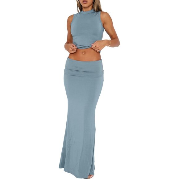 Dresses & Skirts - Women's Blue Grey Two Piece Sets Sleeveless Tank Crop Top Fold Over Maxi Skirt